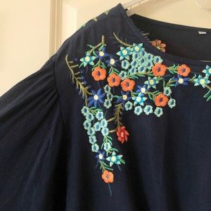 Navy blue crop top with embroidered flowers cropped peasant